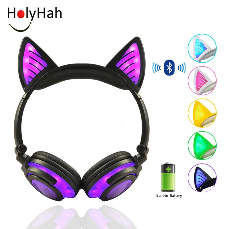 Satılık Holyhah Doğum Günü Hediyesi Kablosuz Bluetooth Kulaklık Katlanabilir Yanıp Sönen Kedi Kulak çocuk Kulaklıklar Oyun Kulaklığı Ile LED ışık