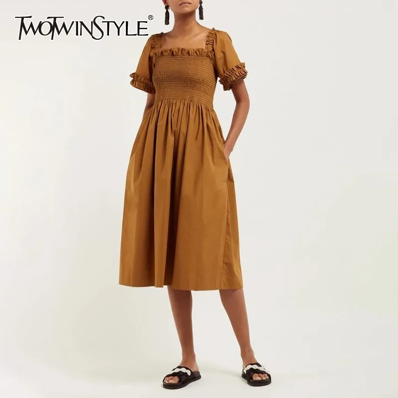 TWOWTWINSTYLE, винтажное одноцветное женское платье, квадратный воротник, короткий рукав, высокая талия, оборки, тонкие миди платья, женская мода