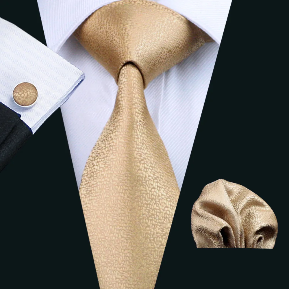 

DiBanGu Brand Tie Gravata Classic Solid Gold Men Neckties Silk Ties For Mens Tie With Match Pocket Square Cufflinks Set MJ-532