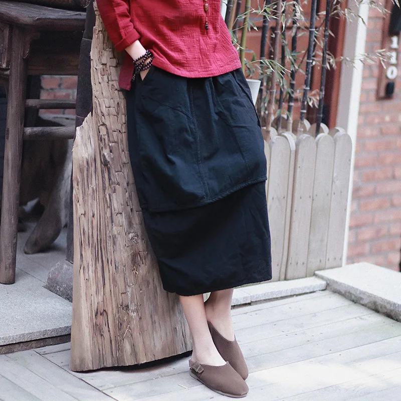 Льняные юбки Runback винтажные однотонные длинные до середины икры с эластичной