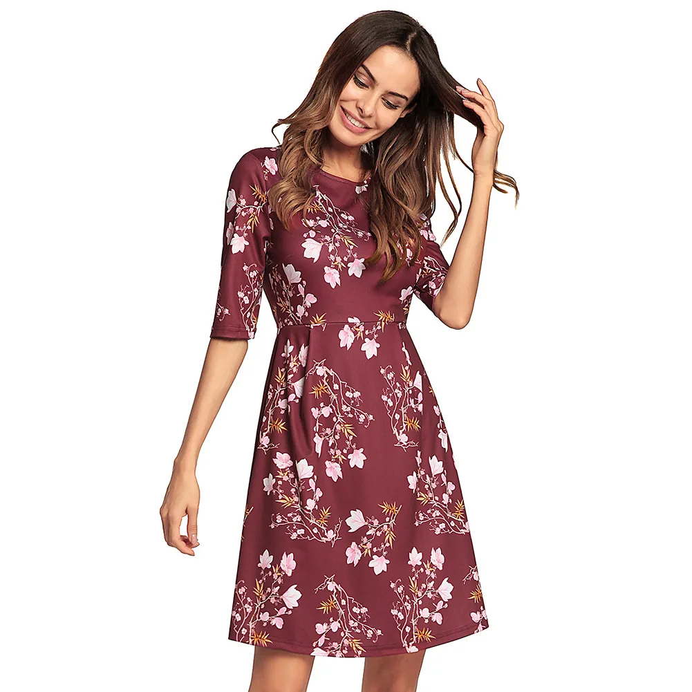 

New Women's Sleeve High Waist A-Line Skirt Print Dress