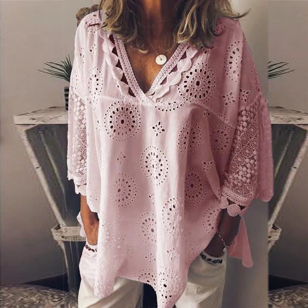 Casual Lace Hollow Out Blouse Women 2019 Summer V Neck Long Sleeve Tunic Solid Cotton Female Blusas Shirts Plus Size 5XL | Женская