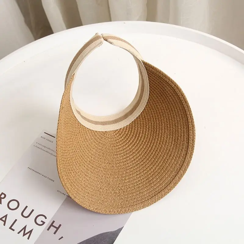 Adult Kids Summer Straw Weave Sun Protection Beach Hat Empty Top Contrast Color Stripe Family Large Wide Brim Clip-On Peaked Cap |