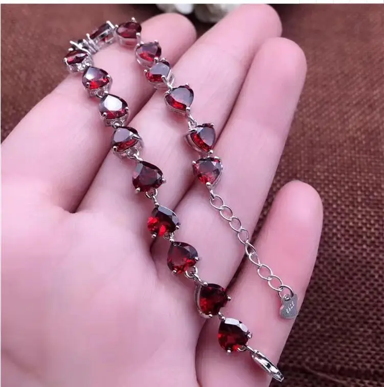 

Love Heart Garnet chain bracelet Free shipping Real natural red garnet 925 sterling silver Luxury bracelets 6mm 17pcs