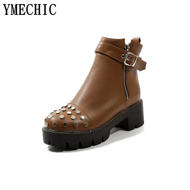 Женские мотоциклетные ботинки YMECHIC 2018 коричневые черные белые ботильоны на
