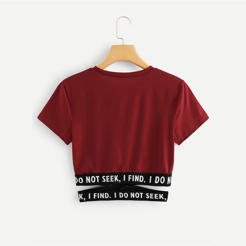 Dotfashion контрастный слоган крест-накрест Талия тройник Лето круглый вырез короткий рукав Топ для женщин Асимметричная футболка