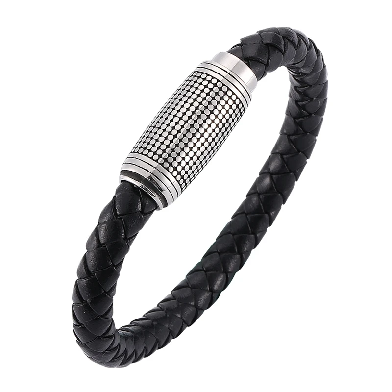 

Trendy Bracelet Male Jewelry Black Braided Leather Hand Bracelet Stainless Steel Magnetic Buckle Wrist Band Men Bangles SP0058