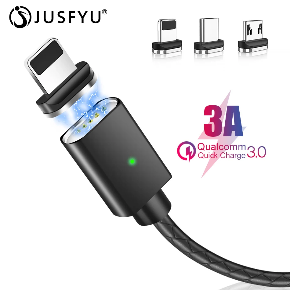 JUSFYU Магнитный кабель 3A быстрой зарядки с разъемом Micro USB Type C для iPhone Samsung Xiaomi