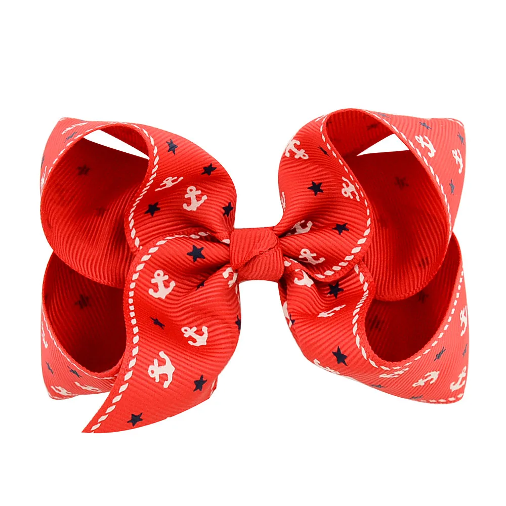 

6Pcs/lot Beauty 4.3 Inch Ship anchor/Stars Flower pattern Hair bows With solid Grosgrain Ribbon bowknot hairpin Accessories 778