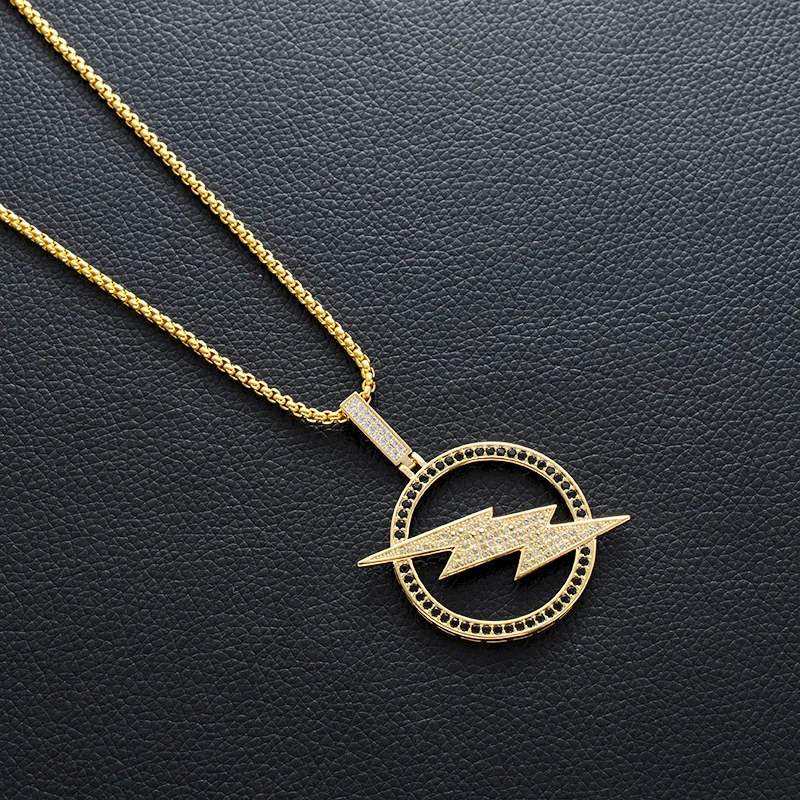 

Personality Fashion Trends Hip Hop Wind Golden Color Lightning Men and Women Neutral Pendant Necklace Copper Zircon Jewelry Gift