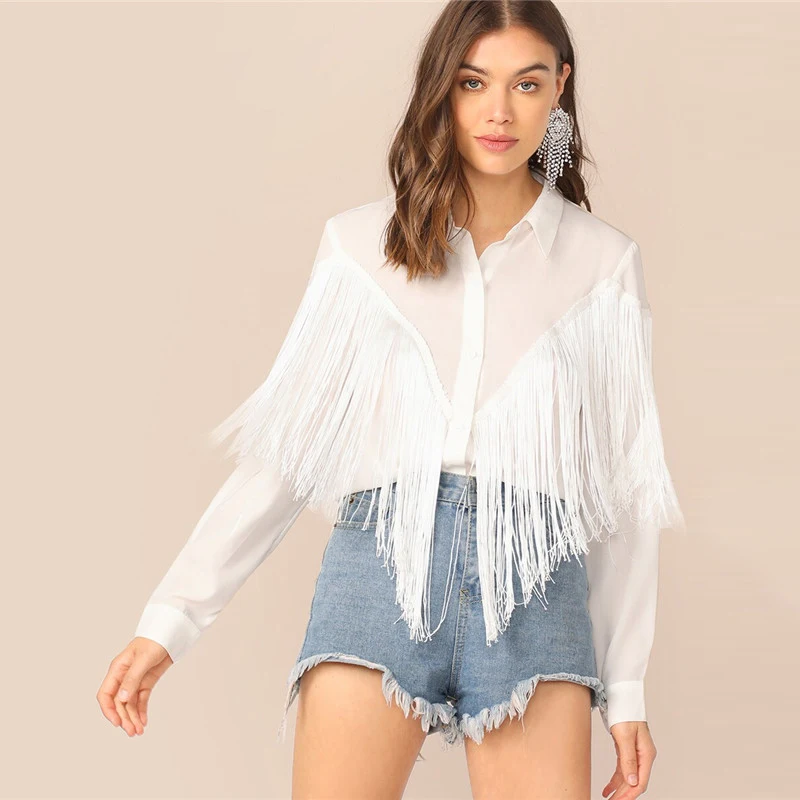 SHEIN женские рубашки с вышивкой и бахромой, женские топы, весенне-летняя белая блузка с длинным рукавом, Повседневная Однотонная рубашка