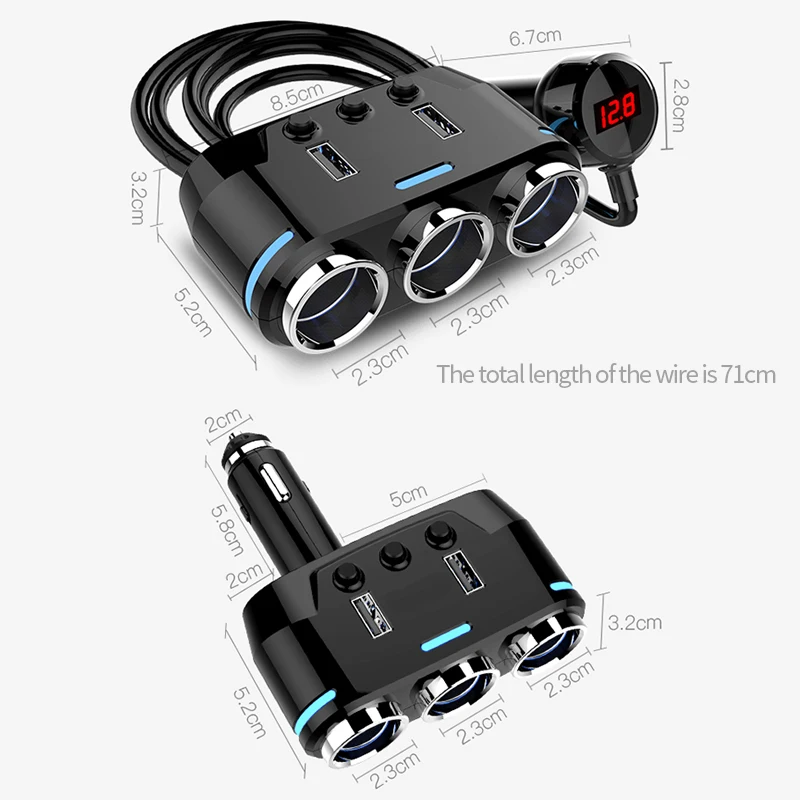Разветвитель гнезда автомобильного прикуривателя DC 12V 24V 1A + 2.1A USB порт зарядное