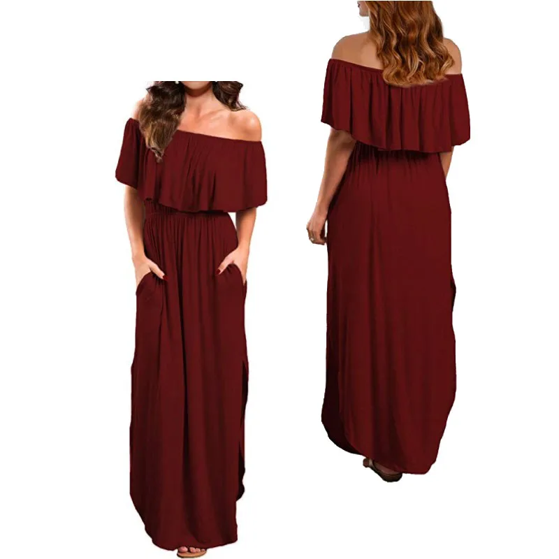Женское вечернее платье макси с открытыми плечами и оборками длинное разрезом