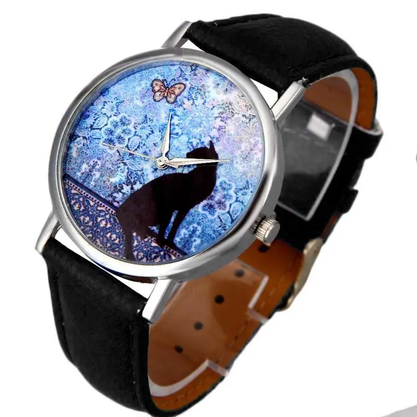 

New Fashion Cat PU Leather Strap Quartz Movement Watch Alloy Analog Round Dial Stainless Steel Watch #W