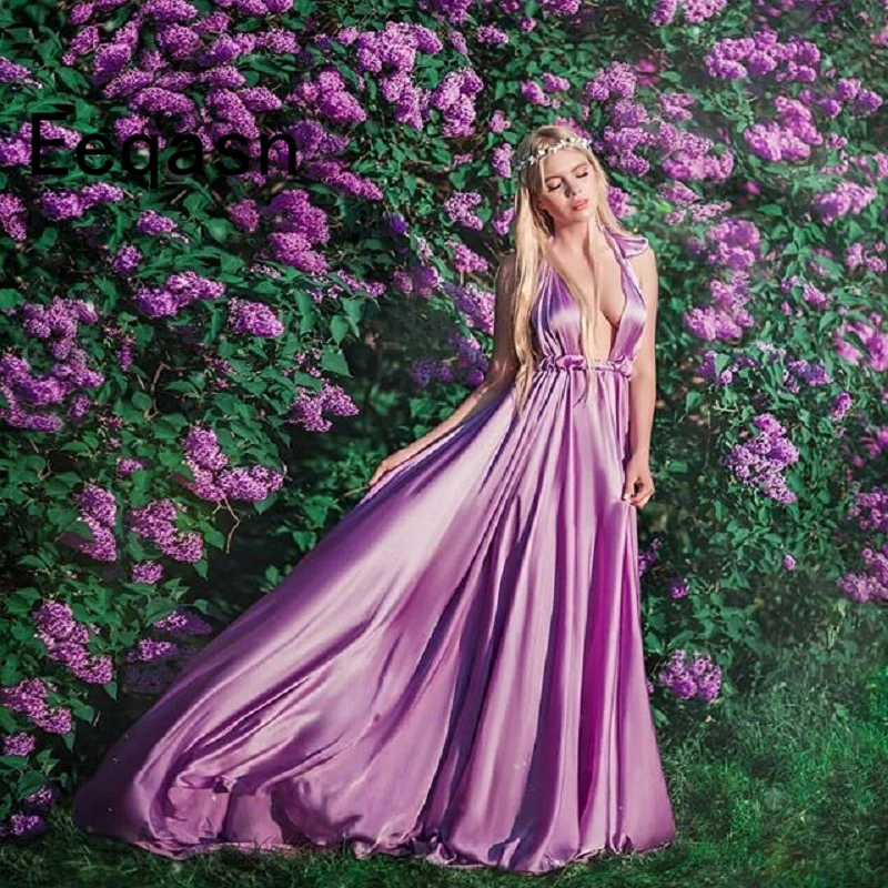 

Lilac Evening Dress Long Sexy V Neck Halter A Line Girls Prom Party Dress Formal Pageant Gowns Custom robe soiree