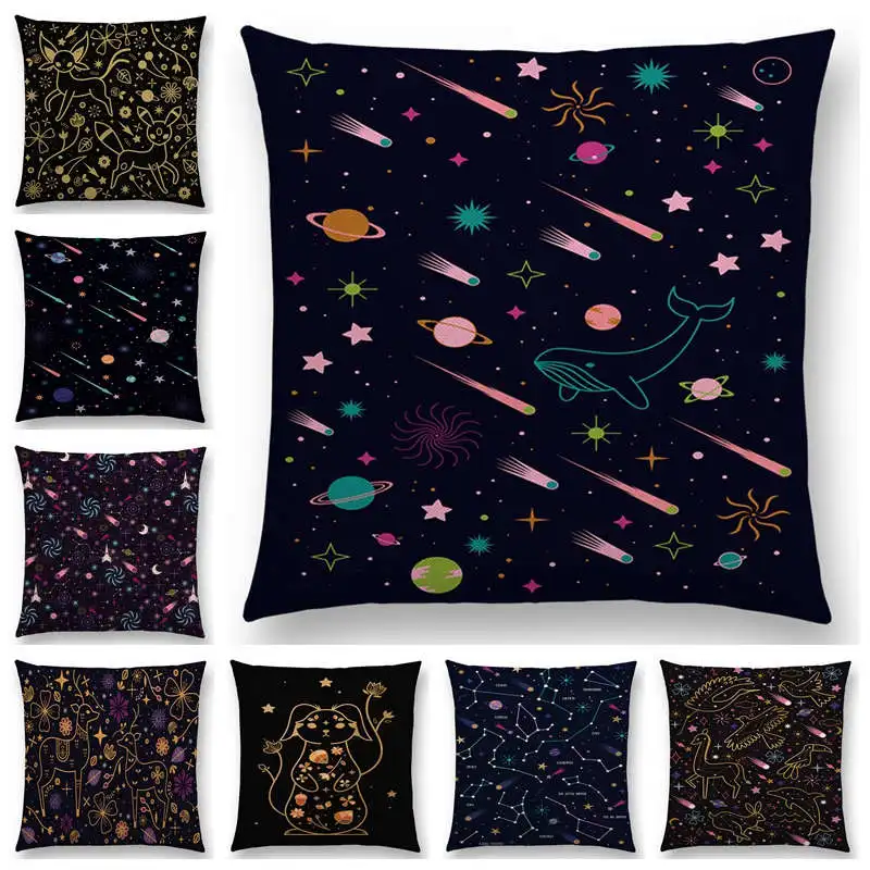 

Newest Black Background Moon Stars Meteor Constellation Galaxy Sofa Pillow Case Cat Bear Rabbit Deer Bird Cushion Cover