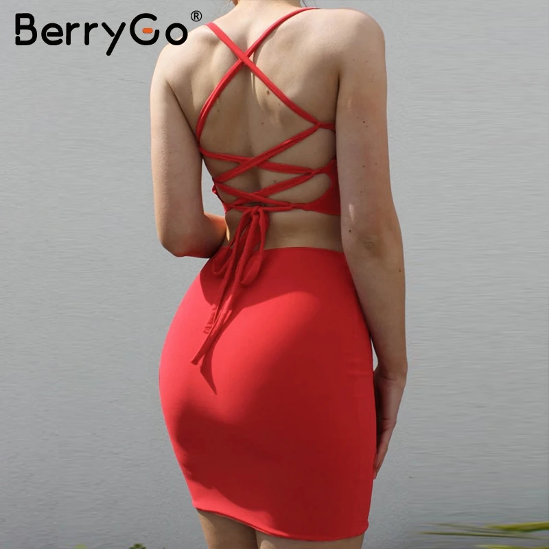 BerryGo сзади на шнуровке пикантные Холтер Женщины платье из двух частей