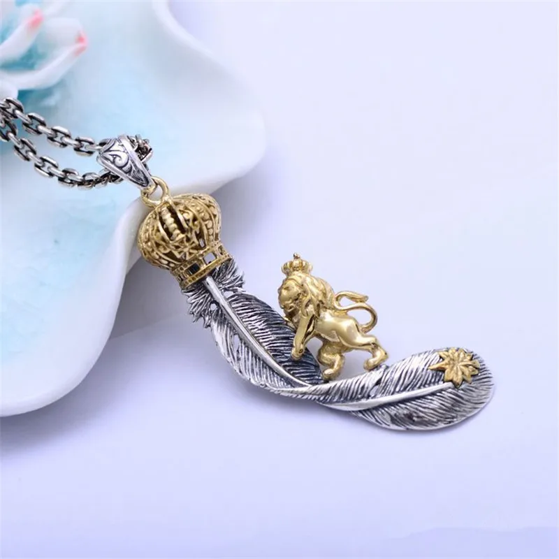 BESTLYBUY, 925 пробы, серебряная Ретро Корона, Лев, кулон в виде пера, для ожерелья, для мужчин, тайское серебро, хорошее ювелирное изделие, подарок без цепочки