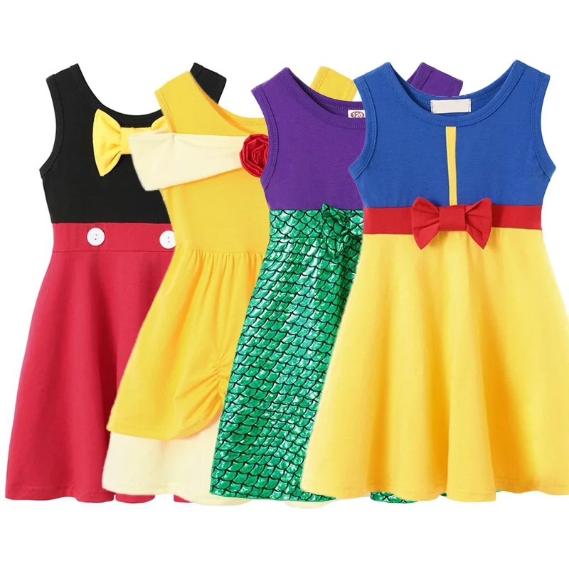 MUABABY Girl Summer Dress Children Mickey Belle Snow White Sleeveless Casual Cotton Costume Kids Birthday Princess Clothes | Детская