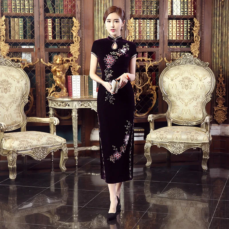 Модное китайское платье для мам длинное Ципао дизайнерское вельветовое