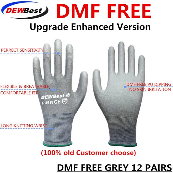 DMF Gray 12pairs 13 г черные рабочие перчатки pu с покрытием ладони pu рабочие перчатки DEWBest Лучшие поставщики маленькие заказы печатный логотип - Цвет: DMF Gray 12pairs