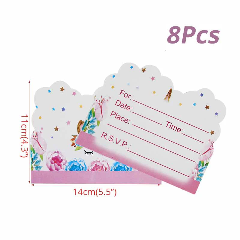 8pcs Invitation Card 20 штук Единорог салфетка Бумага одноразовая посуда Свадебные украшения для девочек день рожденья для мальчиков для украшения детского душа расходные материалы - Цвет: 8pcs Invitation Card