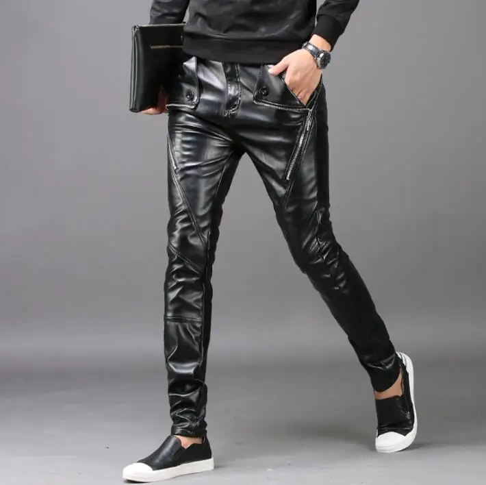 

Winter Plus velvet warm motorcycle faux leather pants mens harem pants personality fashion pu trousers for men pantalon homme