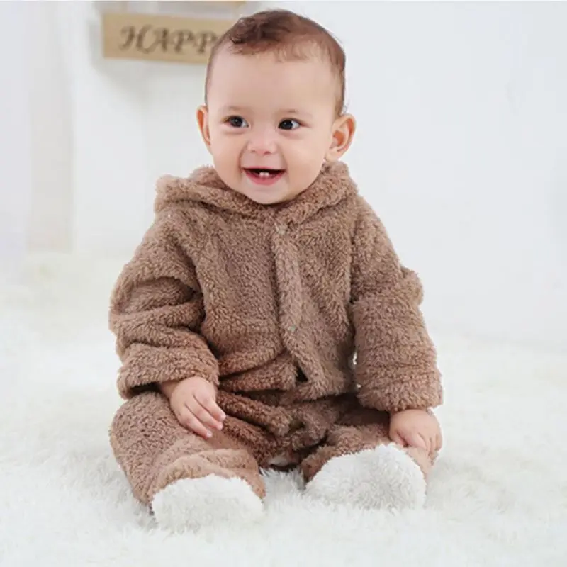 Winter Flannel Baby Boy Cartoon Animal 3D Bear Ear Jumpsuit Warm Newborn Clothes Infant Romper 0-12M |