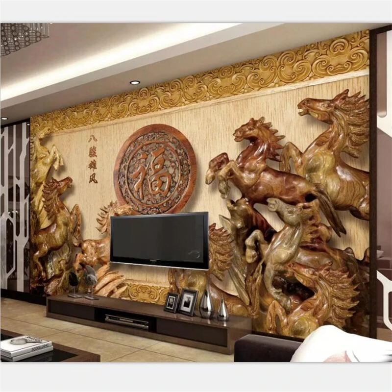 beibehang Wallpaper mural custom photo living room 3d wood carving eight horses male wind to success wallpaper background | Обустройство
