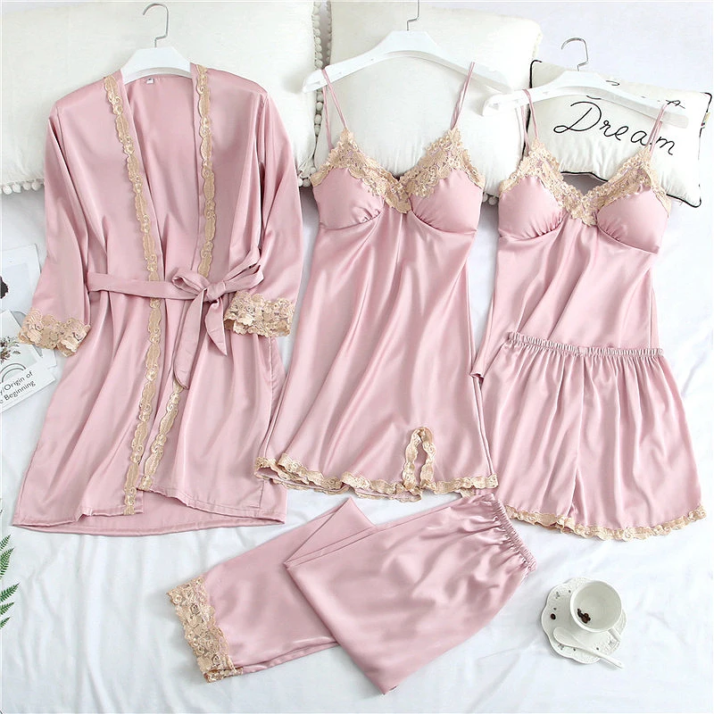 5pcs Pink Сексуальный женский халат и платье, наборы, Осень-зима, 4 и 5 шт., пижамные комплекты, одежда для сна, Женский пижамный комплект из искусственного шелка, женское белье - Цвет: 5pcs Pink