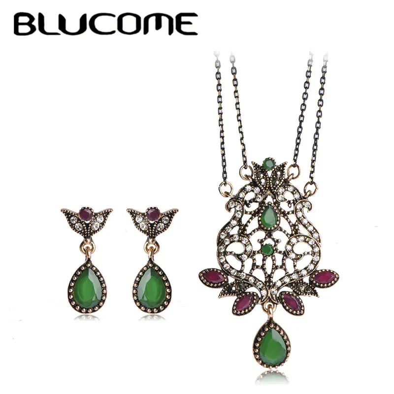 Женский винтажный комплект Blucome зеленое ожерелье с подвеской и сережками из