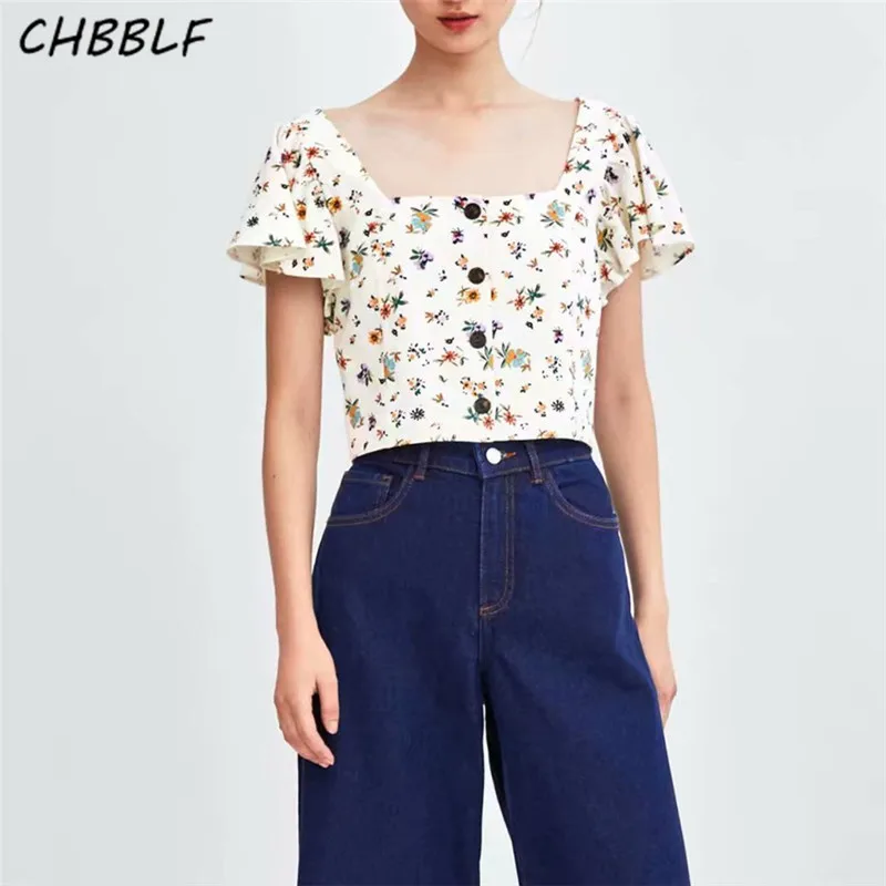 

CHBBLF women sweet floral crop top shirts ruffles short sleeve square collar blouse female casual chic tops blusas BGB8396
