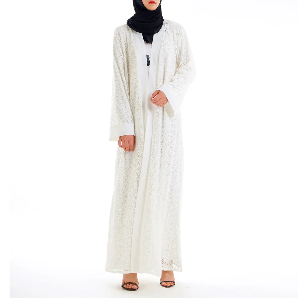 Спереди Открытое abaya Дубай белое кружевное женское мусульманское платье хиджаб Бангладеш Турция турецкий кардиган Болеро Кафтан Исламская одежда
