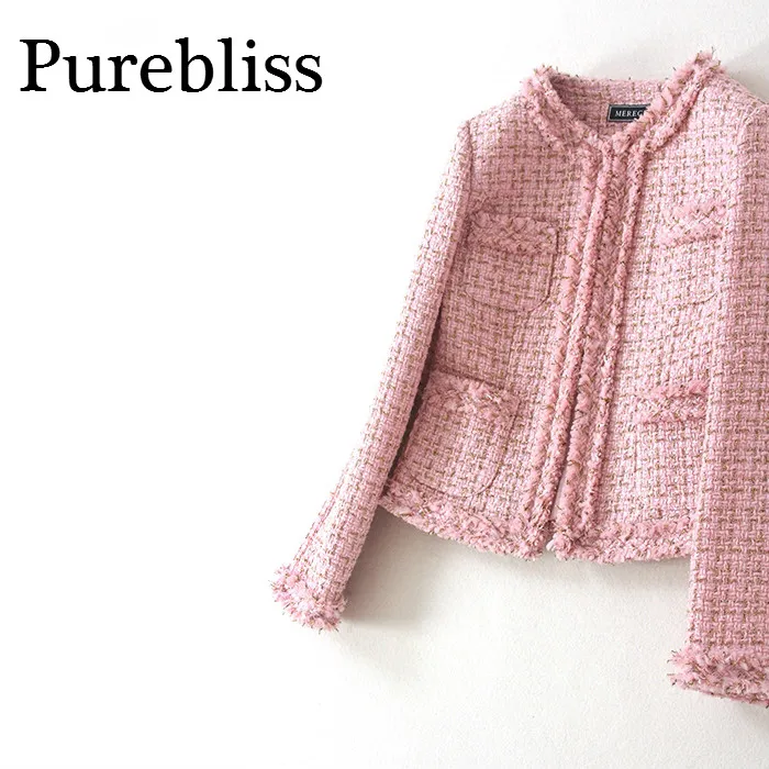 Purebliss 2017 женщин на осень зиму розовый жемчуг твидовый пиджак|Женские куртки| |