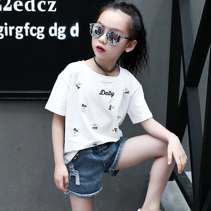 

Girl's New Casual Fashion Short Sleeve Solid Color Cotton T-shirts Cute Style Small Flower Print Summer T-shirts