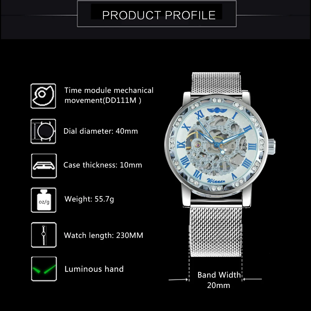 WINNER скелет механические Женские часы с кристаллами Iced Out мужские сетчатым