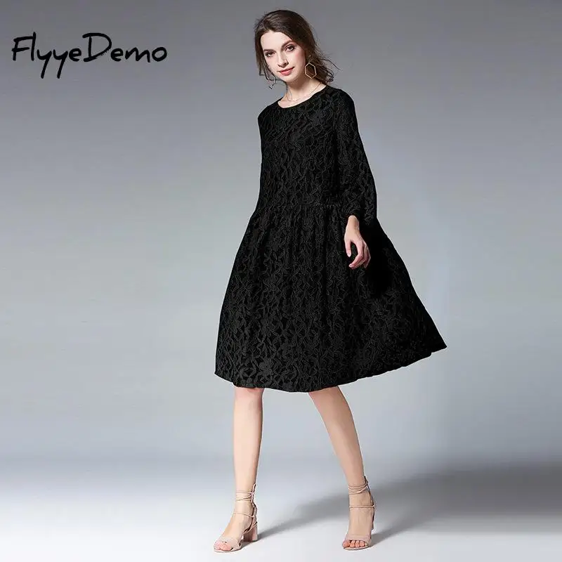 High Quality Loose Dress 2018 Summer Women Elegant Floral Lace Chiffon Knee Length Pleated Black Party | Женская одежда