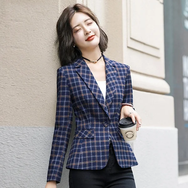 Dark Plaid Новинка, Осень-зима, Женские клетчатые пиджаки, элегантные, модные, тонкие, прорезные карманы, длинный рукав, на одной пуговице, пальто, винтажная верхняя одежда, 4XL - Цвет: Dark Plaid