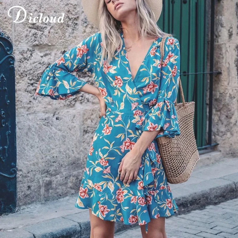 DICLOUD элегантные платья с v образным вырезом и оборками Boho женские летние
