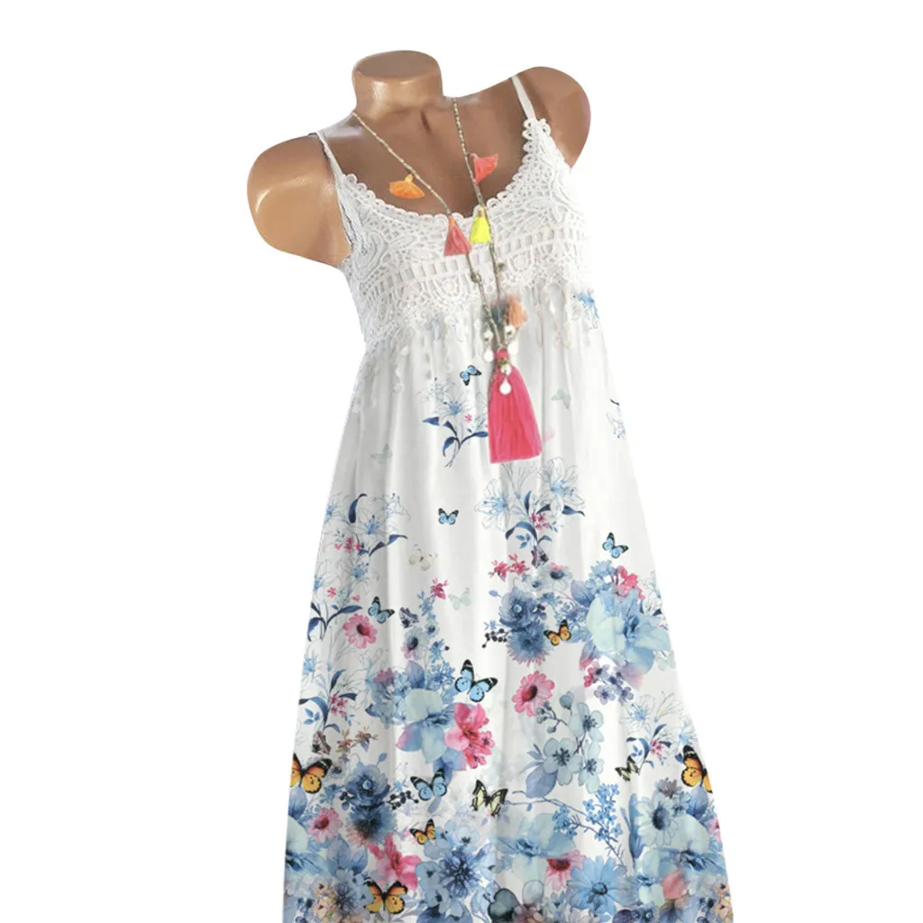 Модное летнее кружевное короткое платье с принтом сарафан на бретелях