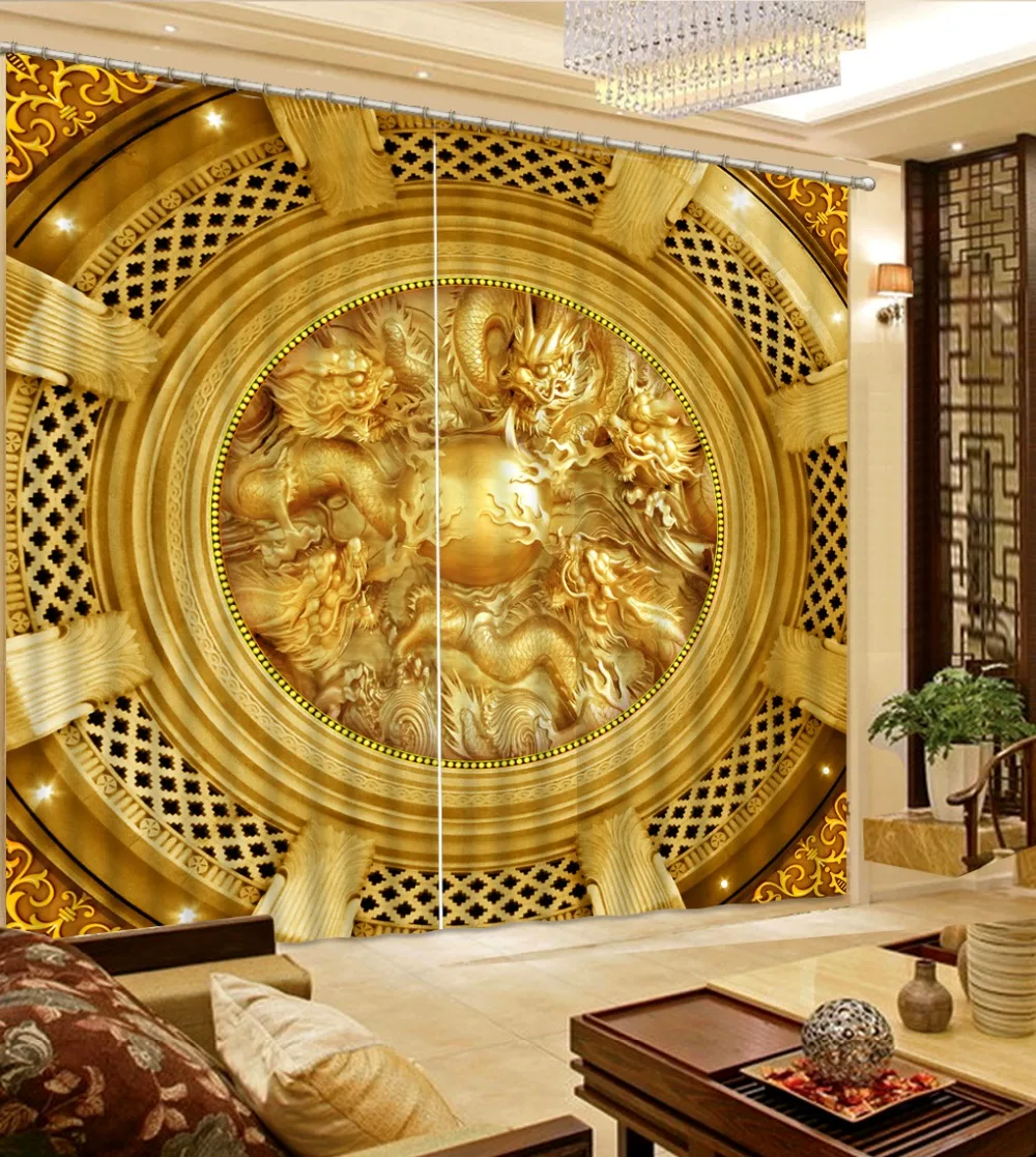 

golden curtains relief curtain 3D Curtain Luxury Blackout Window Curtain Living Room