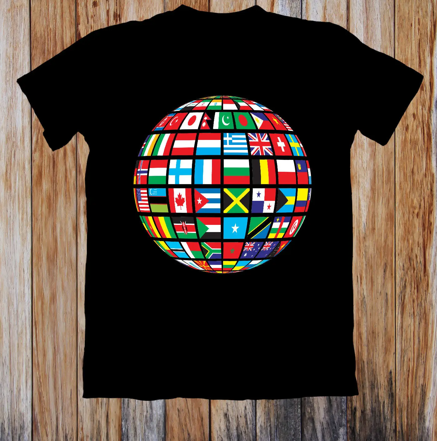 Футболка унисекс с надписью WORLD FLAGS ON TO A GLOBE Классическая Высококачественная