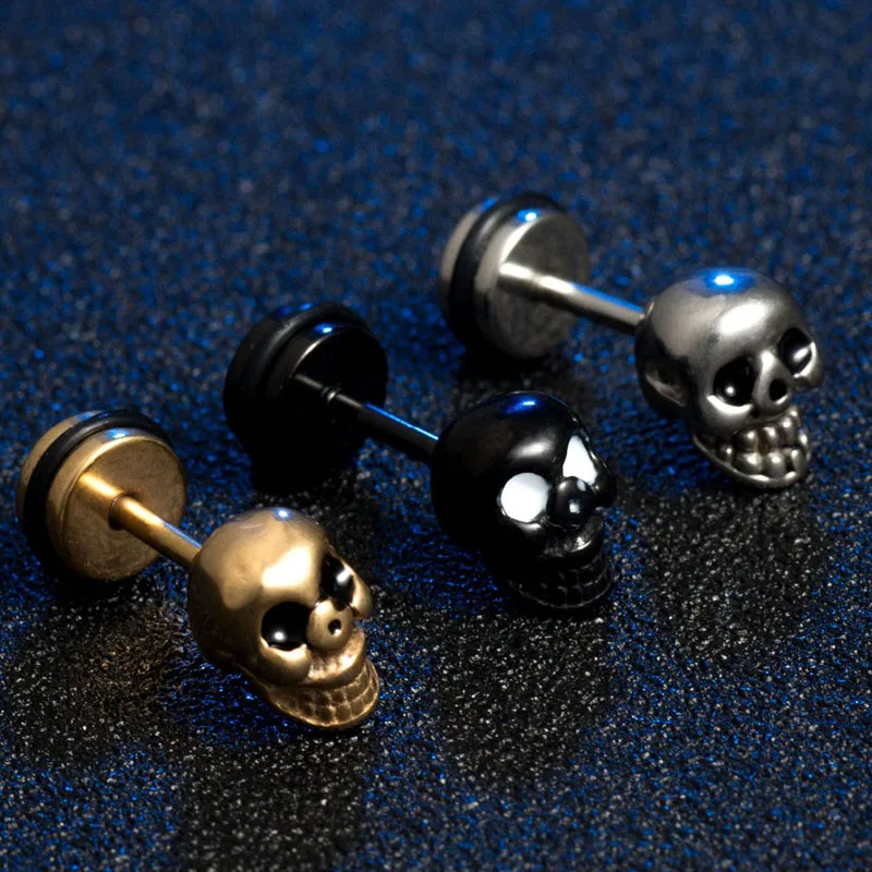 Высококачественные черные серьги в стиле панк с черепами из нержавеющей стали