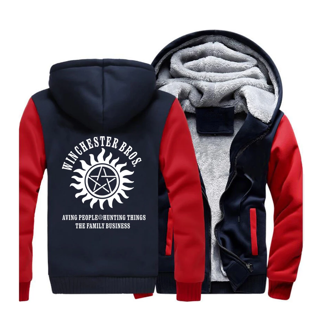 Supernatural Streetwear Hoodies Winchester Brothers Sweatshirt Men Winter Fleece Thick Hooded Sportswear Coat Hoodie Jackets - Color: red dark blue  5