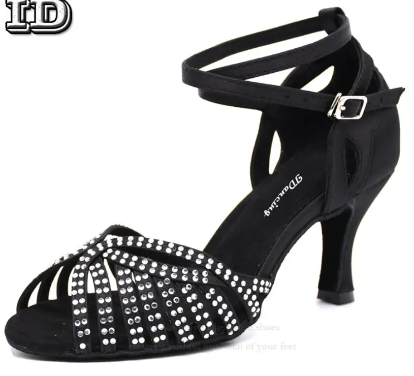 black heel 8.5cm Танцевальная обувь со стразами; туфли с перекрещивающимися ремешками; цвет бронзовый, черный; туфли для латинских танцев; Бальные вечерние танцы вальса; удобная обувь - Цвет: black heel 8.5cm