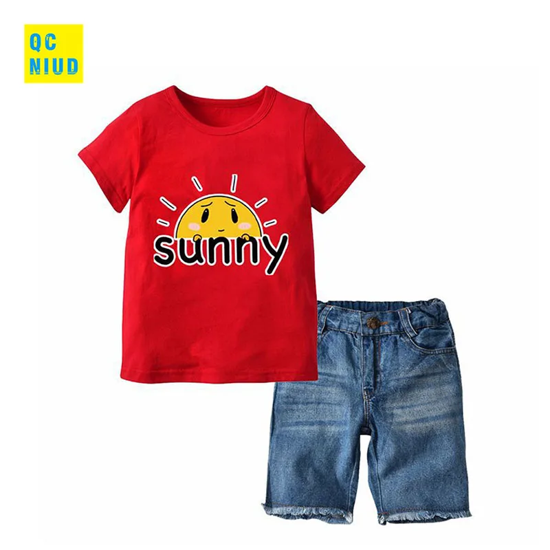 QCNIUD Summer Boys Sets Children Cartoon Printed O-Neck T-shirt +Jeans Shorts 2pcs Casual Cotton Kids Clothes Set 2018 New |