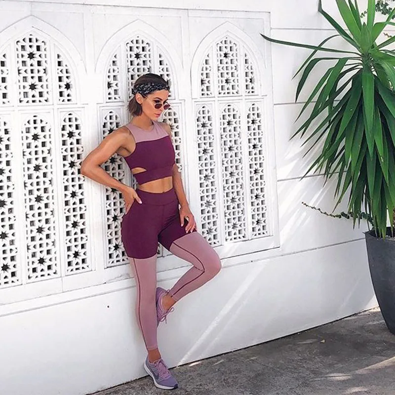 Wine Red Solid Women Yoga Set Gym Fitness Jogger Running Push Up Sleeveless Sports Bra+Leggings Tracksuit Slim Sportwear | Спорт и