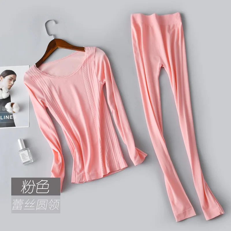 

Lace round neck elegant body seamless thermal underwear set women's new knitted texture cotton sweater Qiuyi Qiuku intimate