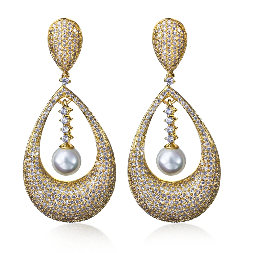 

New simulated pearl Women earrings Setting with Cubic Zirconia Allergy Free Big earrings Lead Free Free Shipping