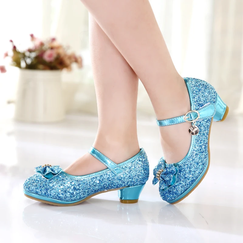 2022 Spring Children Leather Party Shoes High Heels Girls Wedding Sandals Kids Casual Wild New Bowknot Princess Single Shoes